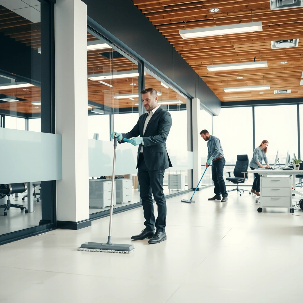 Commercial office cleaning service in modern office building